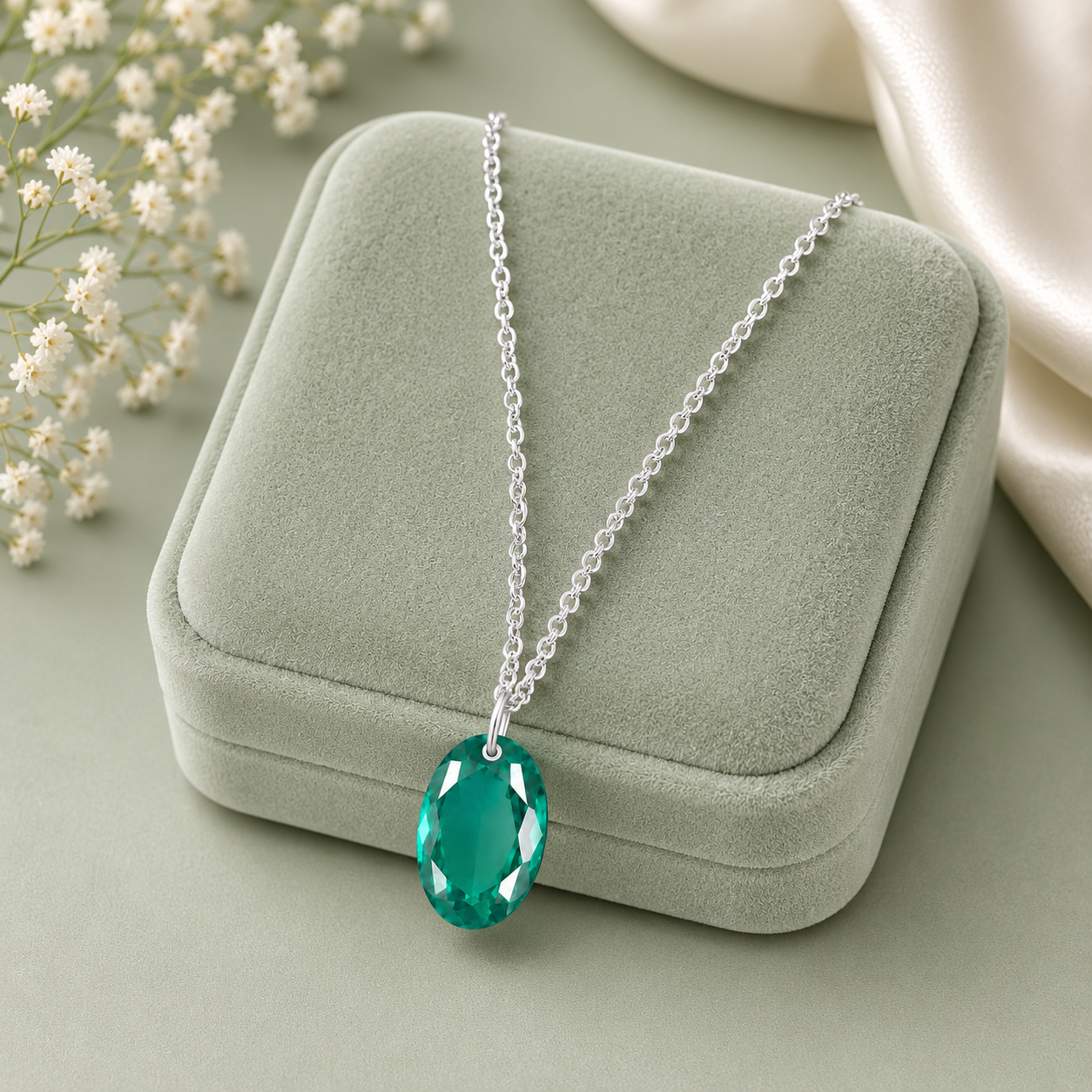 Oval Green Onyx Solitaire Necklace - 925 sterling Silver