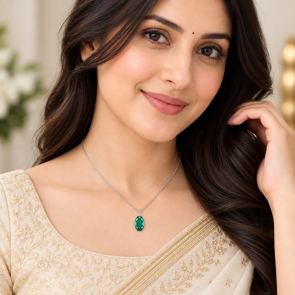 Oval Green Onyx Solitaire Necklace - 925 sterling Silver