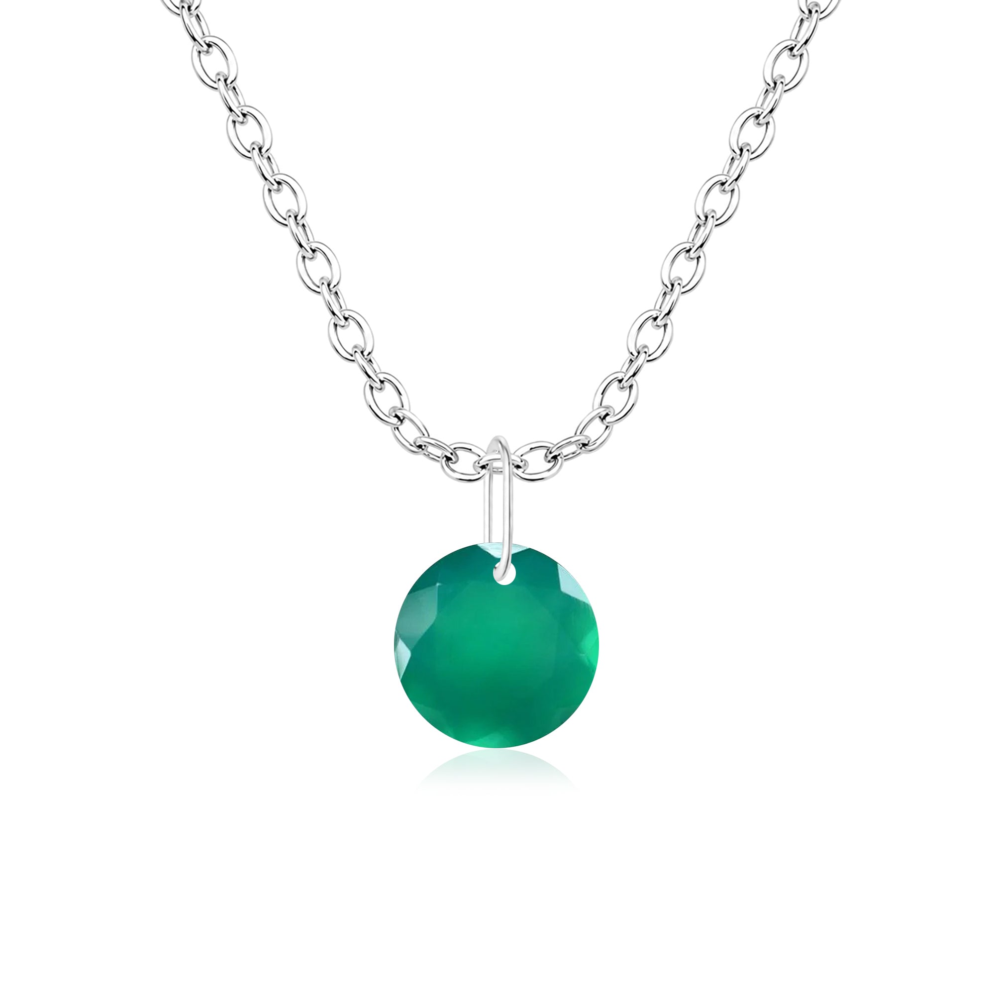Round Green Onyx Solitaire Necklace - 925 sterling Silver