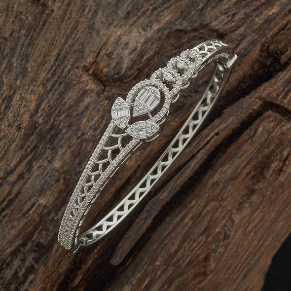 Elegant Silver Diamond Bangle with Leaf Motif – 925 Sterling Silver