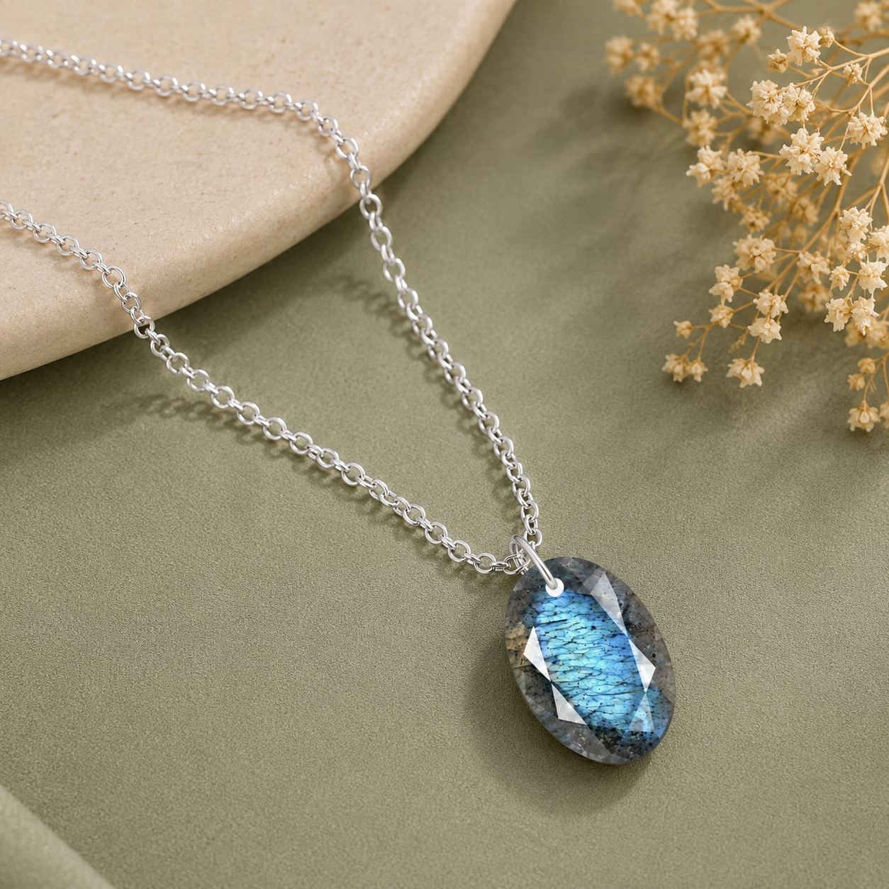 Oval Labradorite Solitaire Necklace - 925 sterling Silver