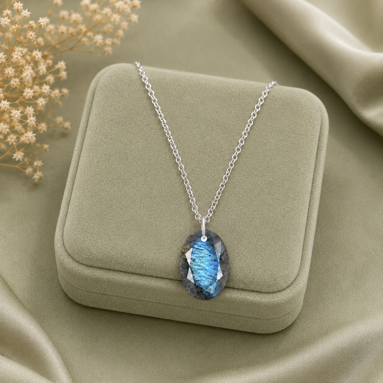 Oval Labradorite Solitaire Necklace - 925 sterling Silver