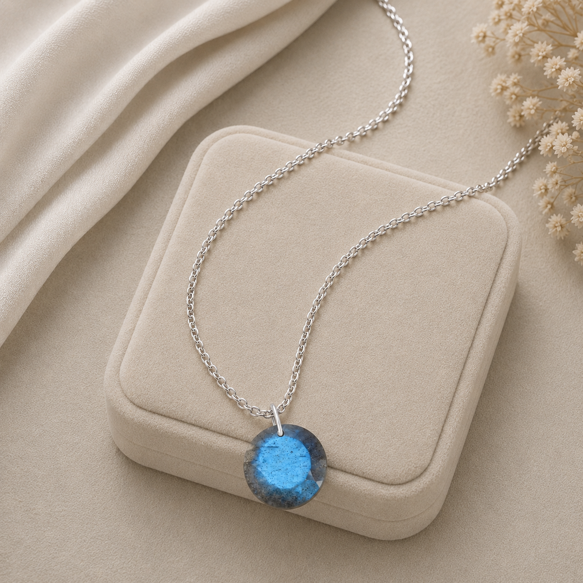 Round Labradorite Solitaire Necklace - 925 sterling Silver