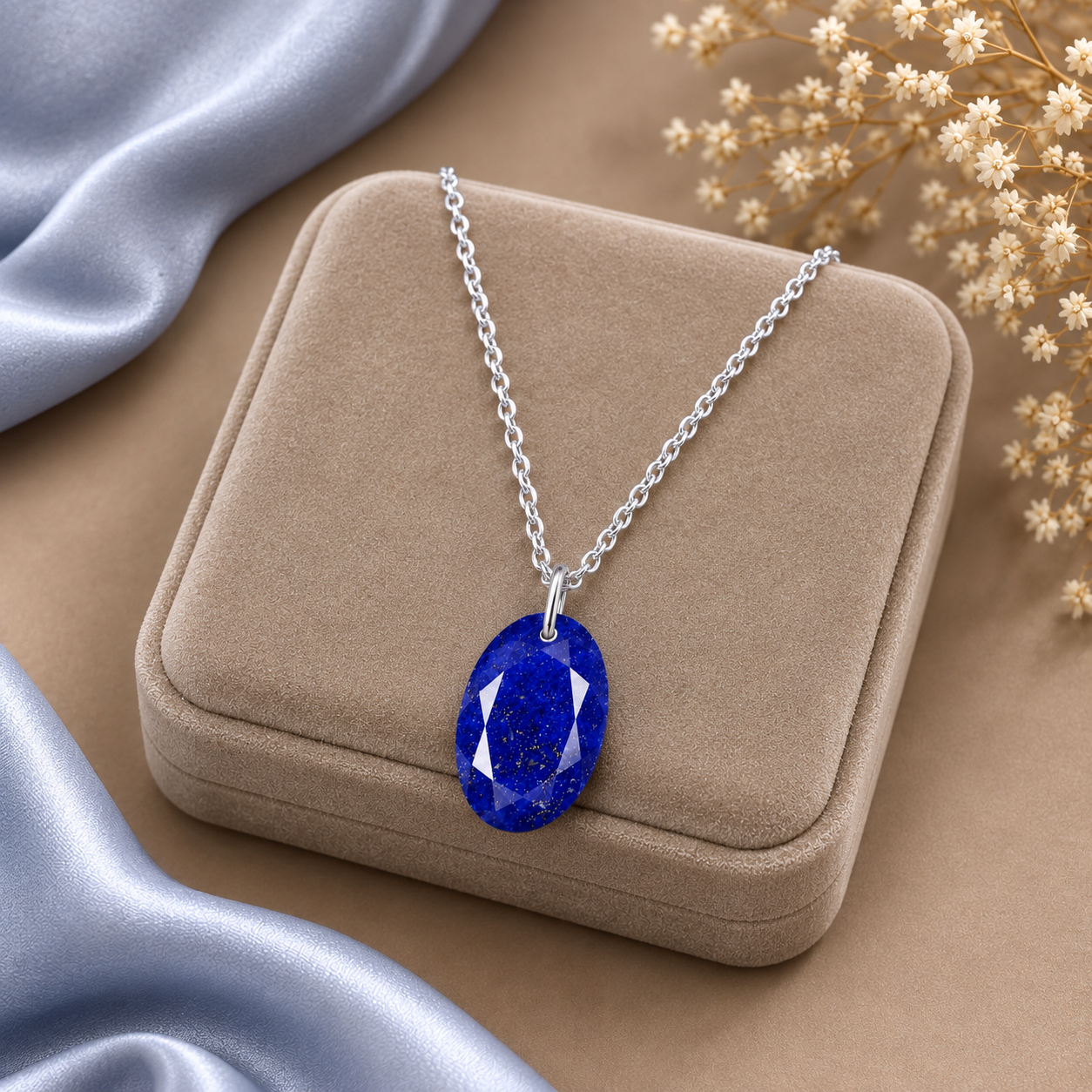 Oval Lapis Solitaire Necklace - 925 sterling Silver