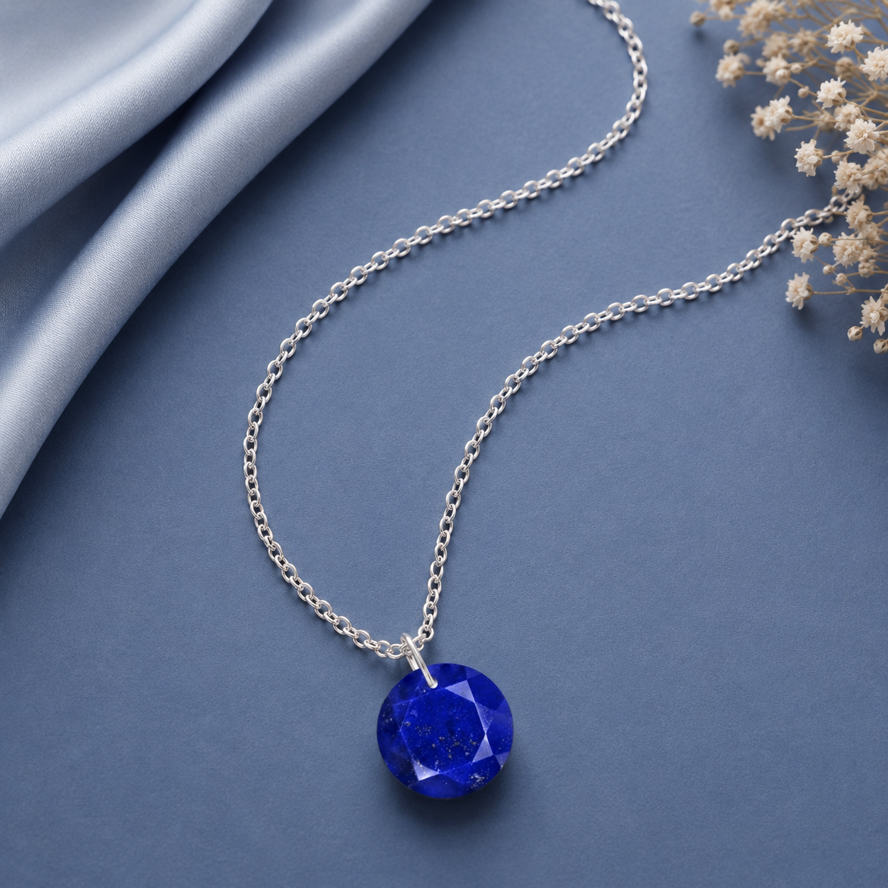 Round Lapis Solitaire Necklace - 925 sterling Silver