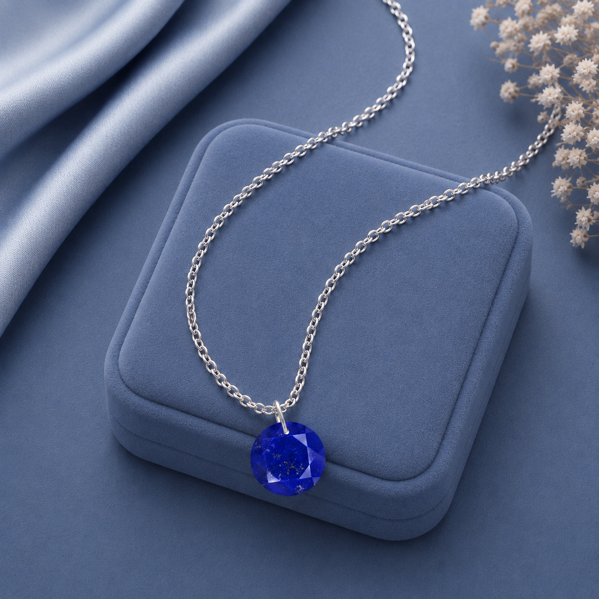 Round Lapis Solitaire Necklace - 925 sterling Silver