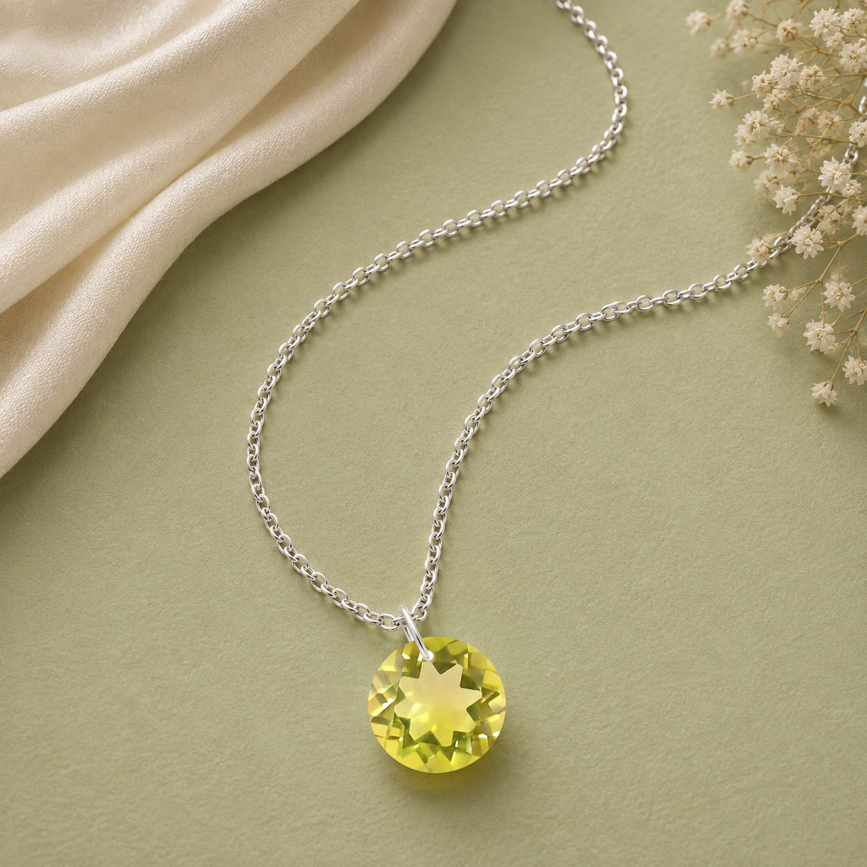 Round Lemon Quartz Solitaire Necklace - 925 sterling Silver