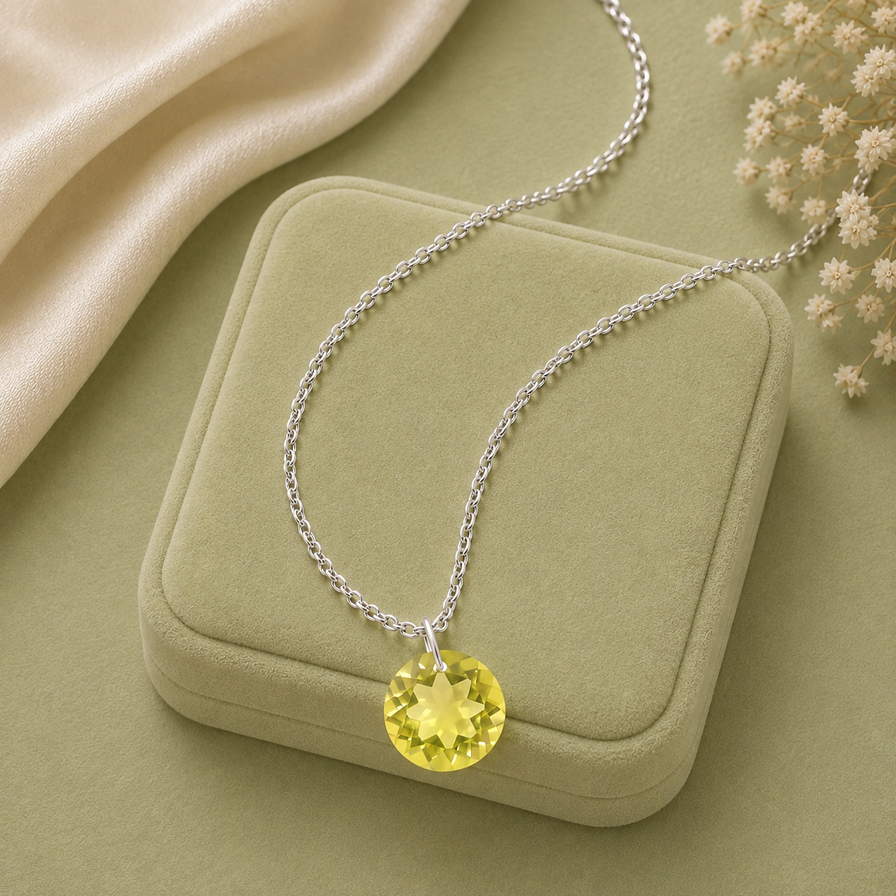 Round Lemon Quartz Solitaire Necklace - 925 sterling Silver