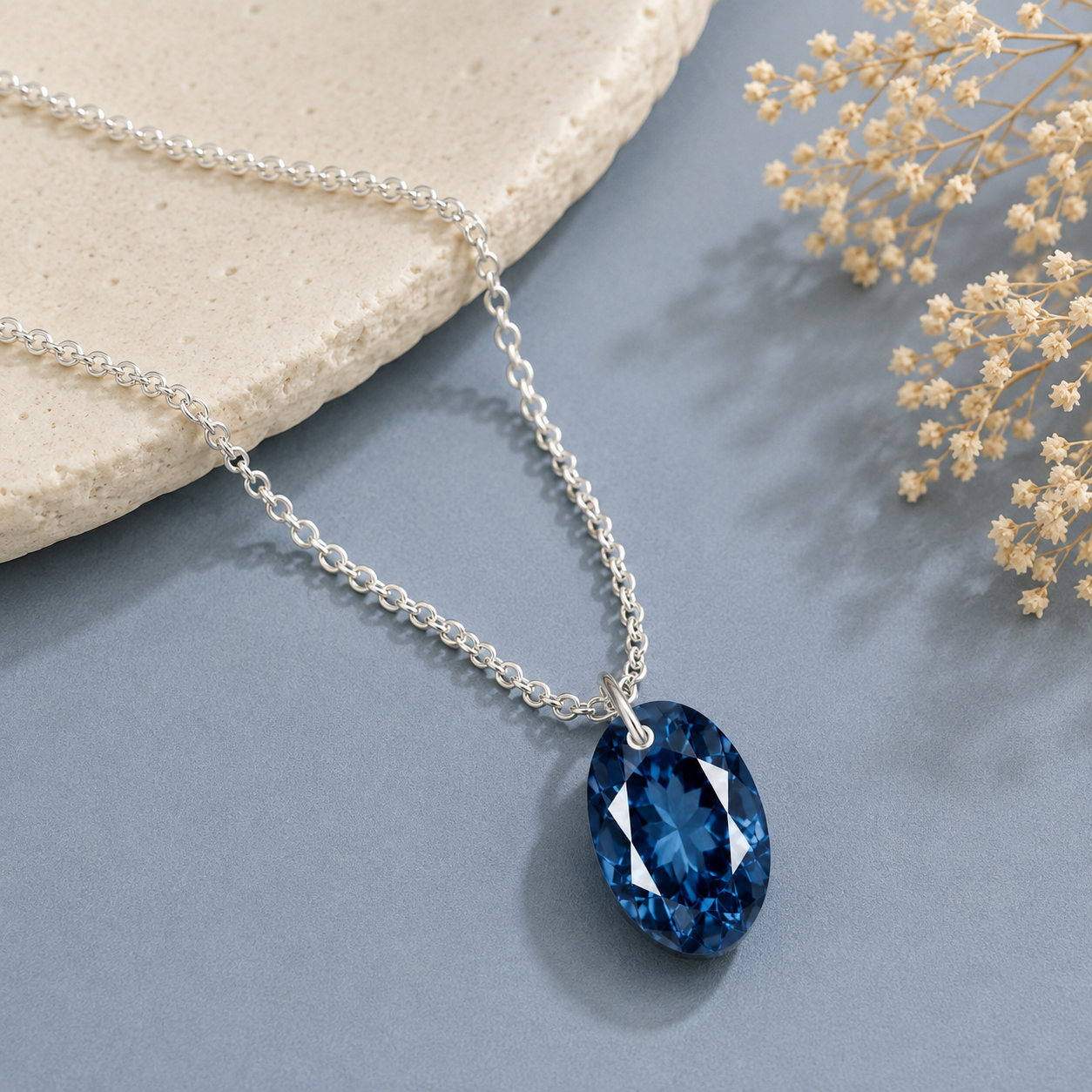 Oval London Blue Topaz Solitaire Necklace - 925 sterling Silver
