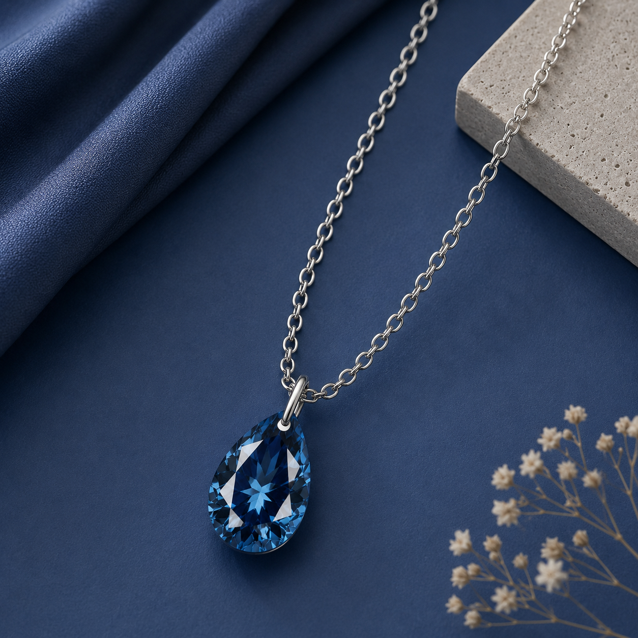 Pear London Blue Topaz Solitaire Necklace - 925 sterling Silver