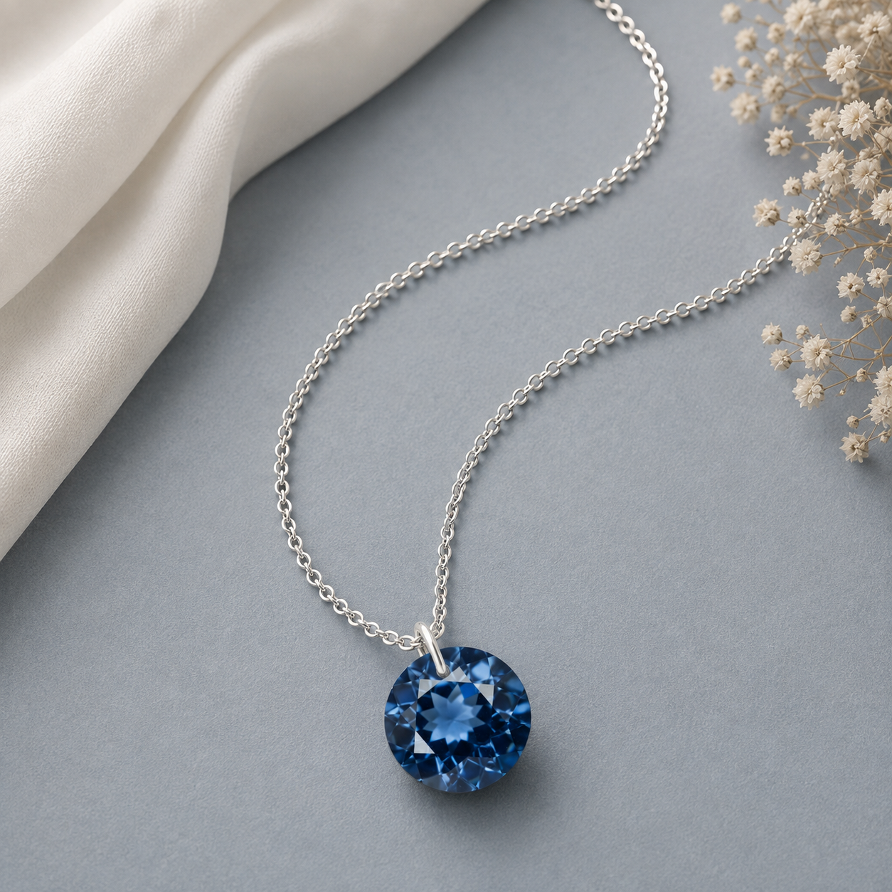Round London Blue Topaz Solitaire Necklace - 925 sterling Silver