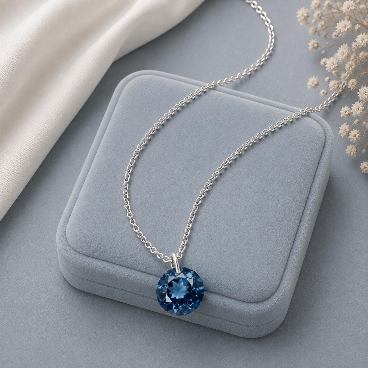Round London Blue Topaz Solitaire Necklace - 925 sterling Silver
