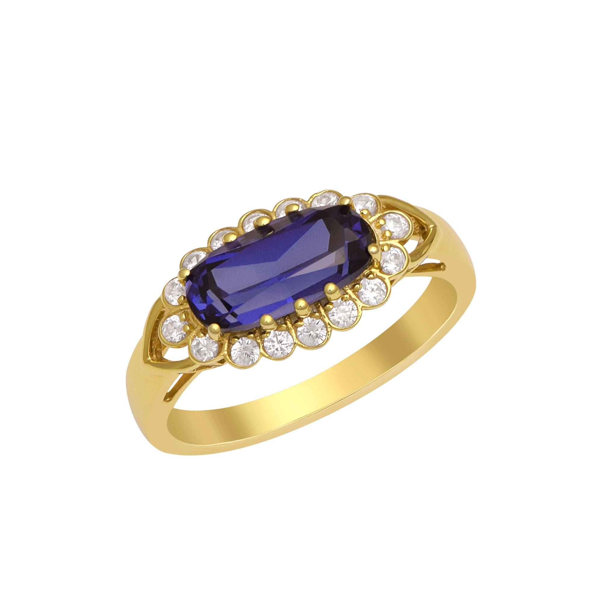 Blue Sapphire Octagon Classic Halo Ring  – Sterling Silver Yellow Plated