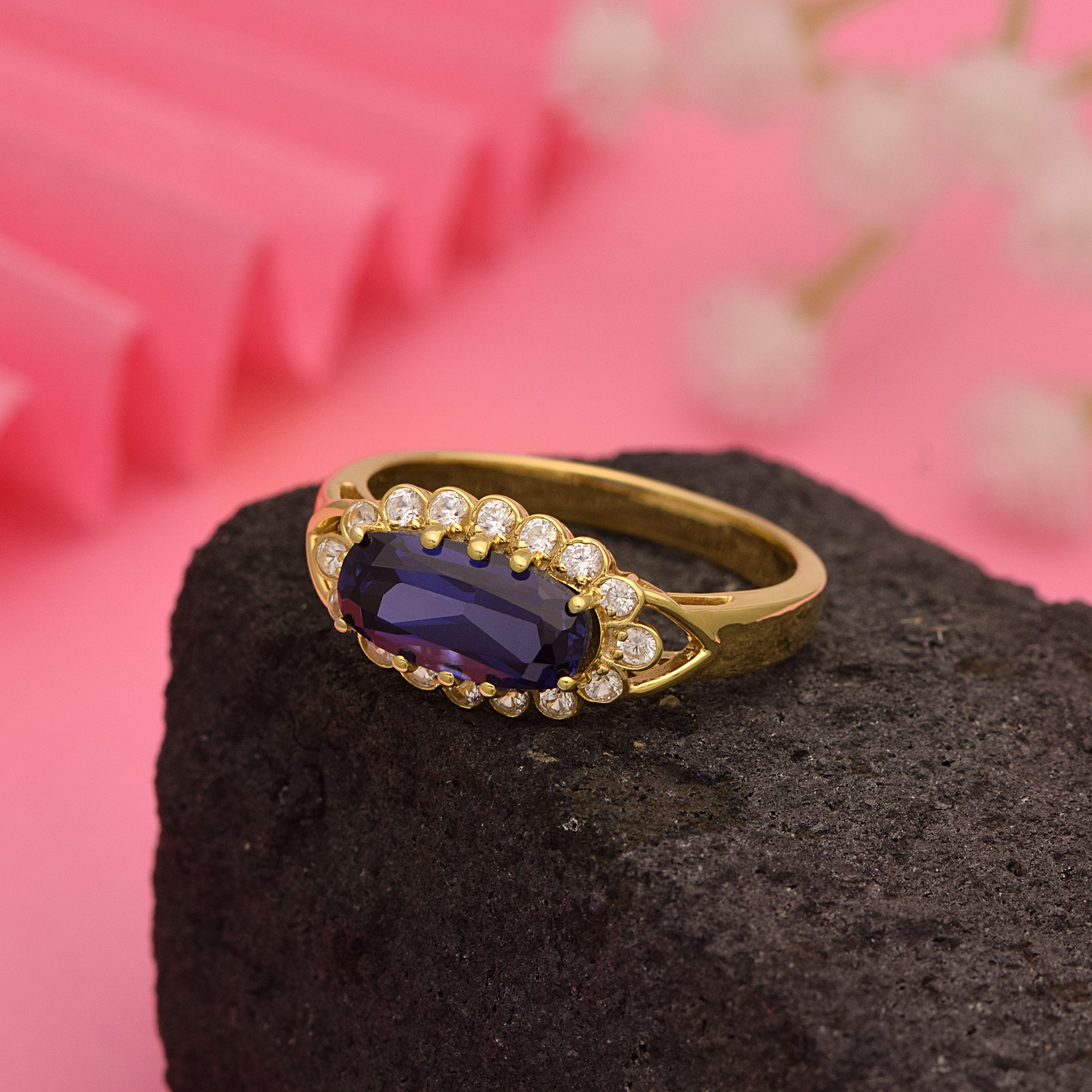 Blue Sapphire Octagon Classic Halo Ring  – Sterling Silver Yellow Plated