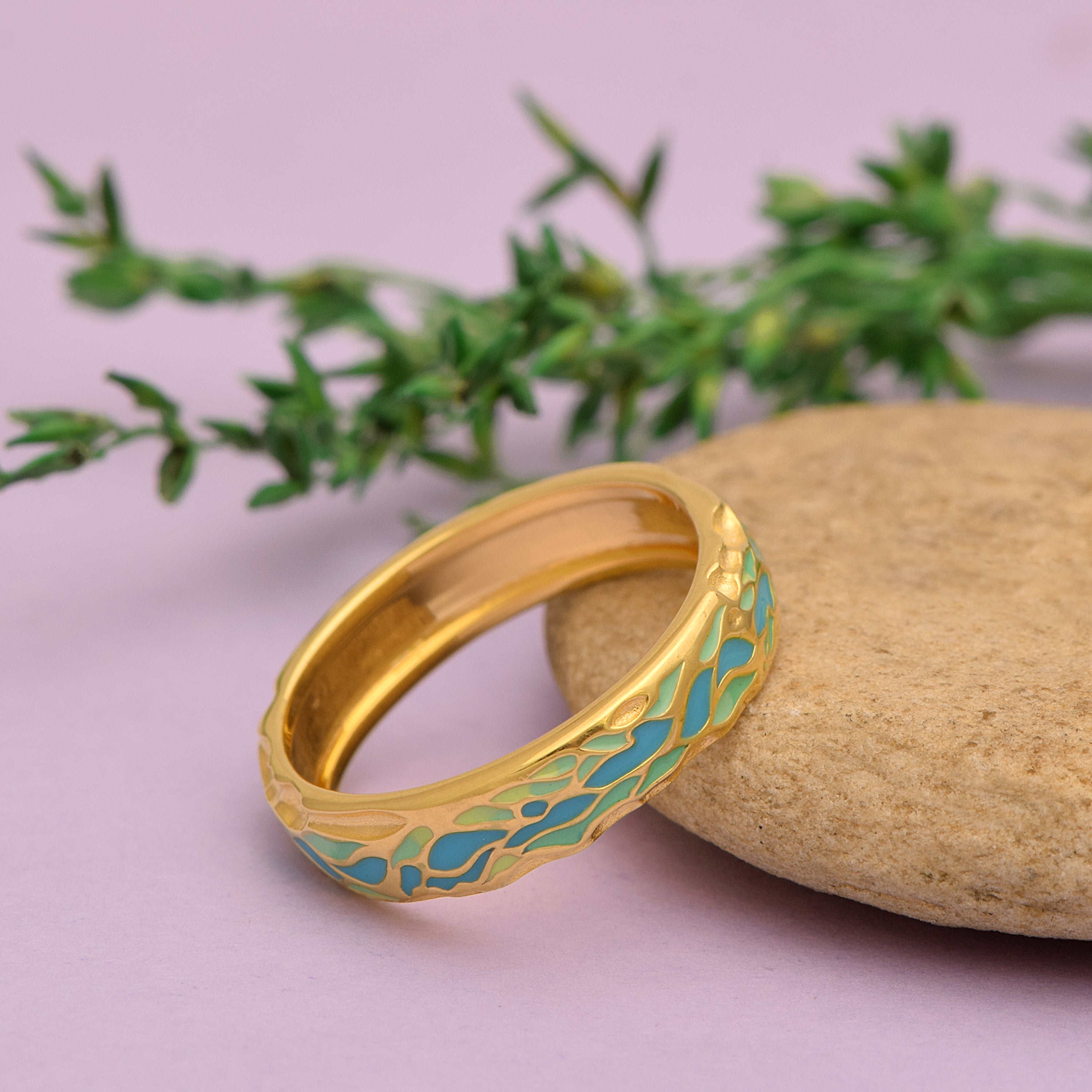 Textured Leaf Motif Turquoise Enamel Band – Sterling Silver