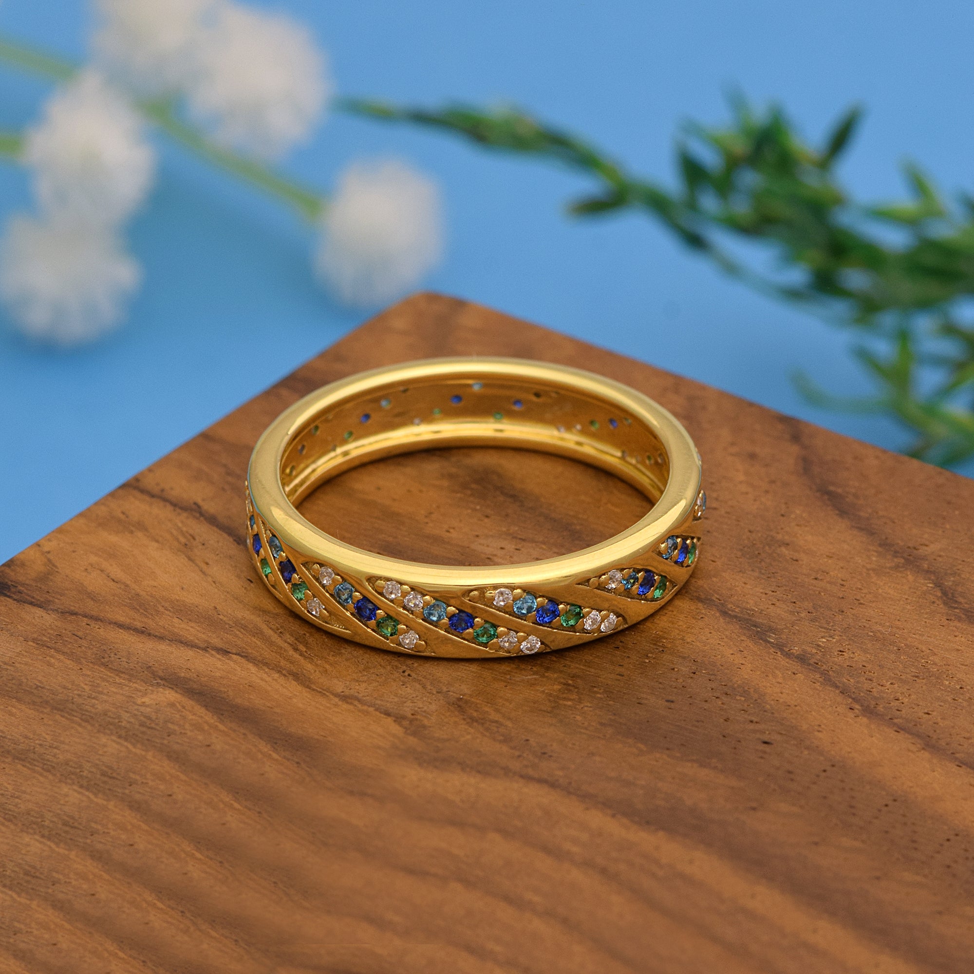 Multi-Stone Band Ring  – Sterling Silver Yellow Plated