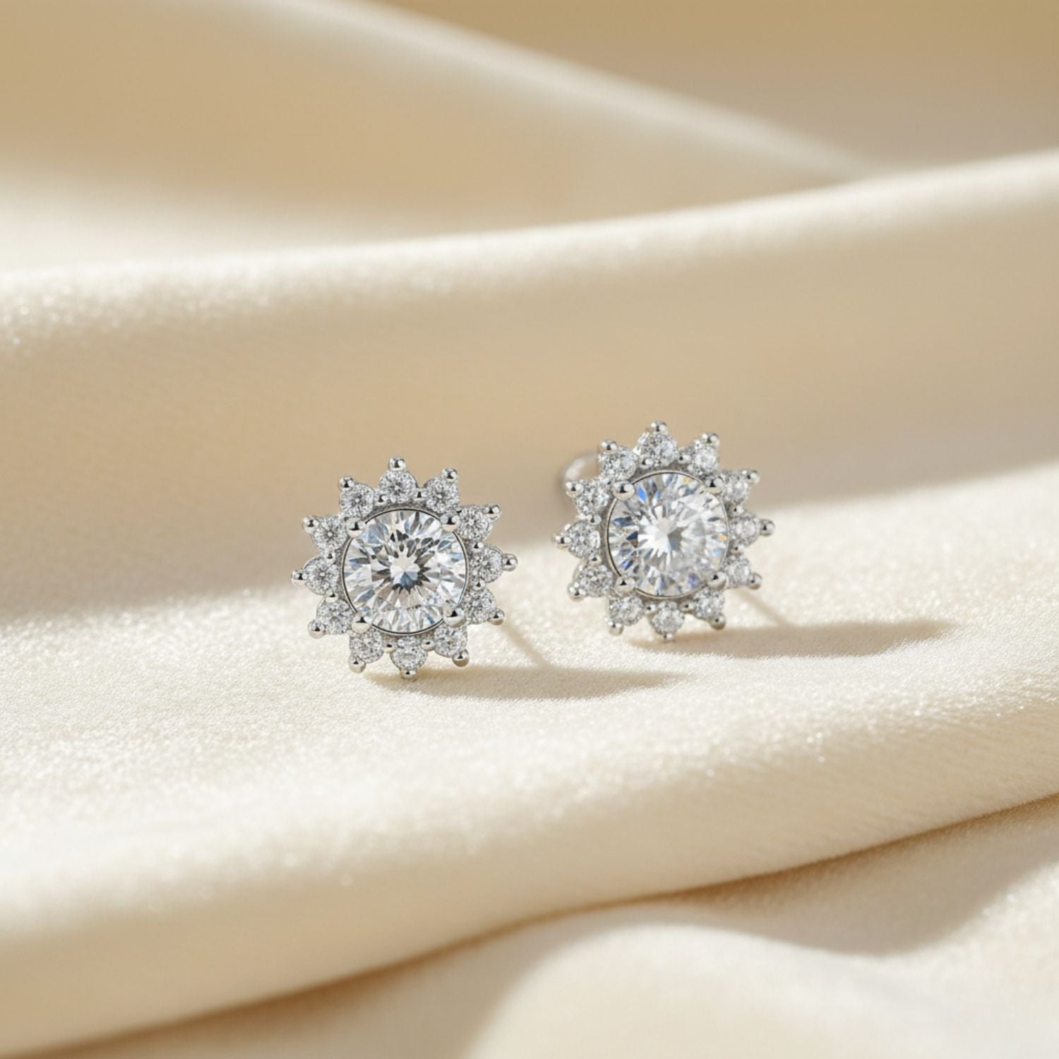 White Cubic Zirconia Halo Stud Earrings – Floral Cluster Design