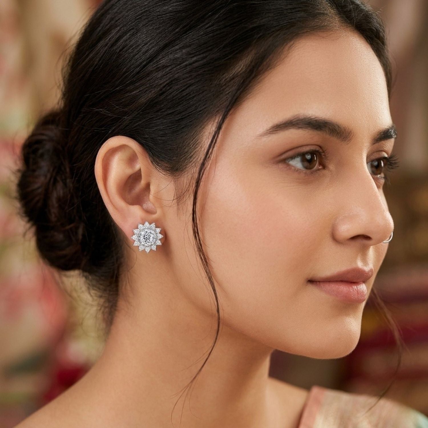 White Cubic Zirconia Halo Stud Earrings – Floral Cluster Design