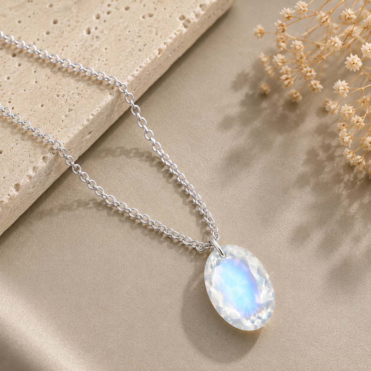 Oval Moonstone Solitaire Necklace - 925 sterling Silver