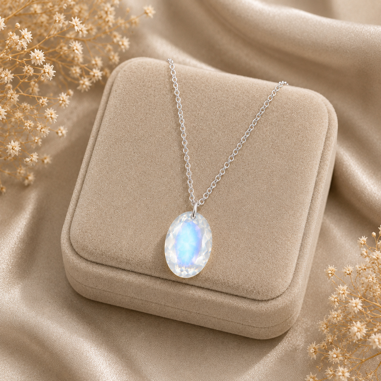 Oval Moonstone Solitaire Necklace - 925 sterling Silver