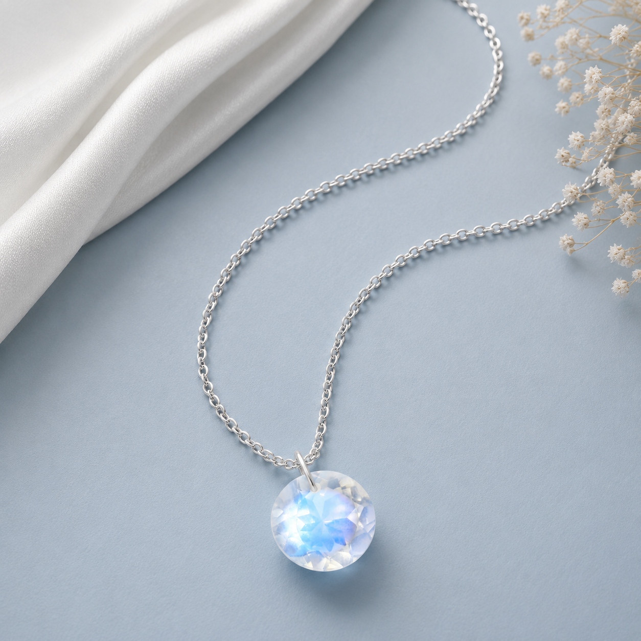 Round Moonstone Solitaire Necklace - 925 sterling Silver