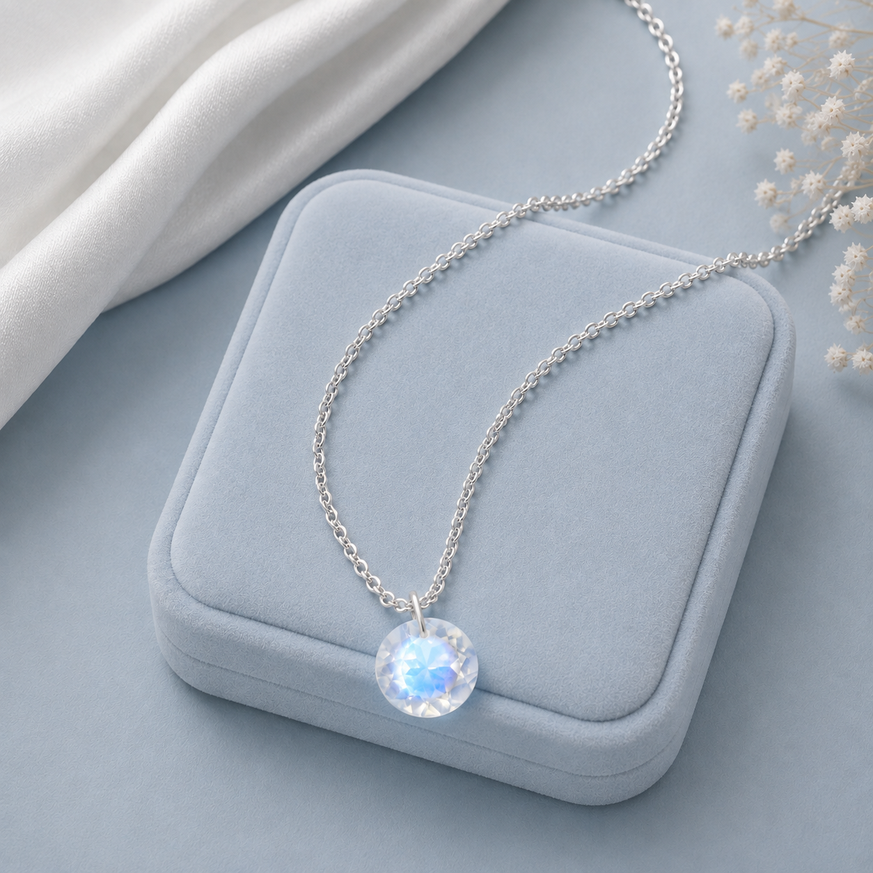 Round Moonstone Solitaire Necklace - 925 sterling Silver