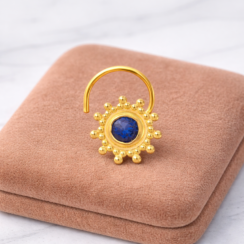 Multi Stone Sunburst Floral Design Nose Pin - Gold Plated 925 Silver