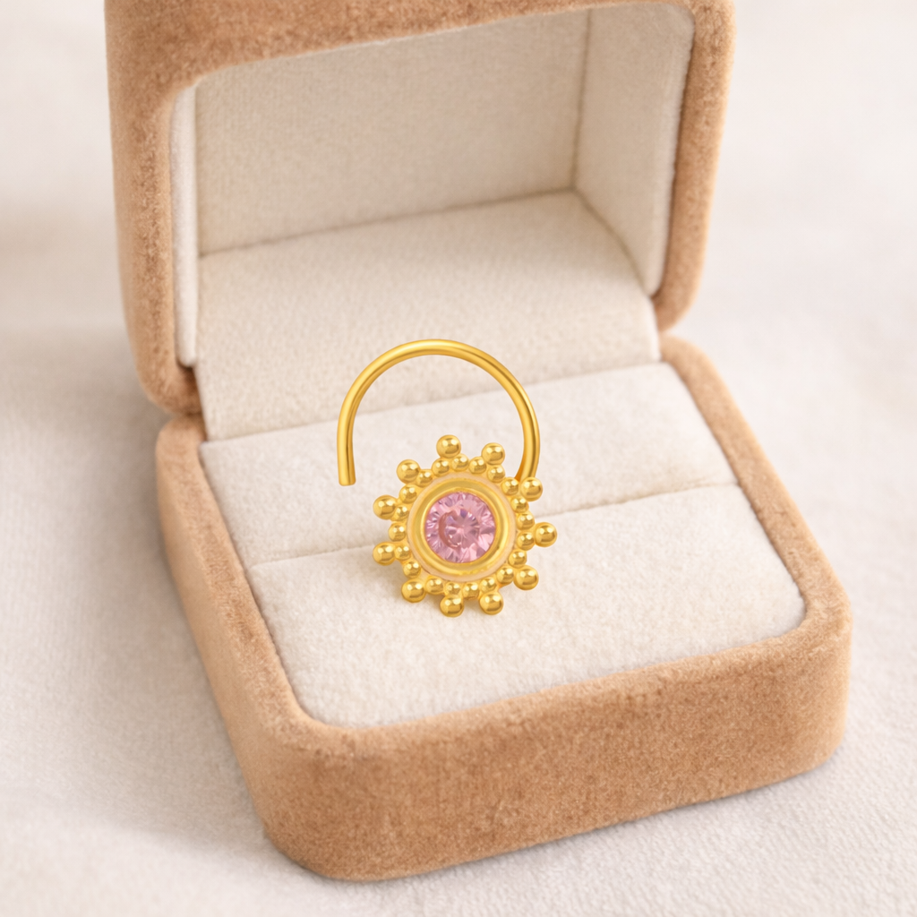 Multi Stone Sunburst Floral Design Nose Pin - Gold Plated 925 Silver