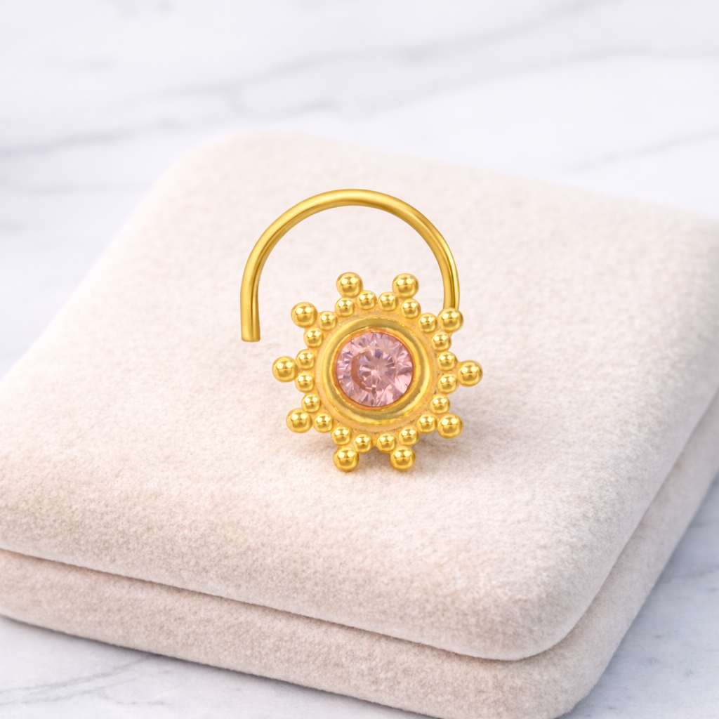 Multi Stone Sunburst Floral Design Nose Pin - Gold Plated 925 Silver