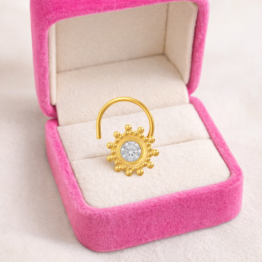 Multi Stone Sunburst Floral Design Nose Pin - Gold Plated 925 Silver