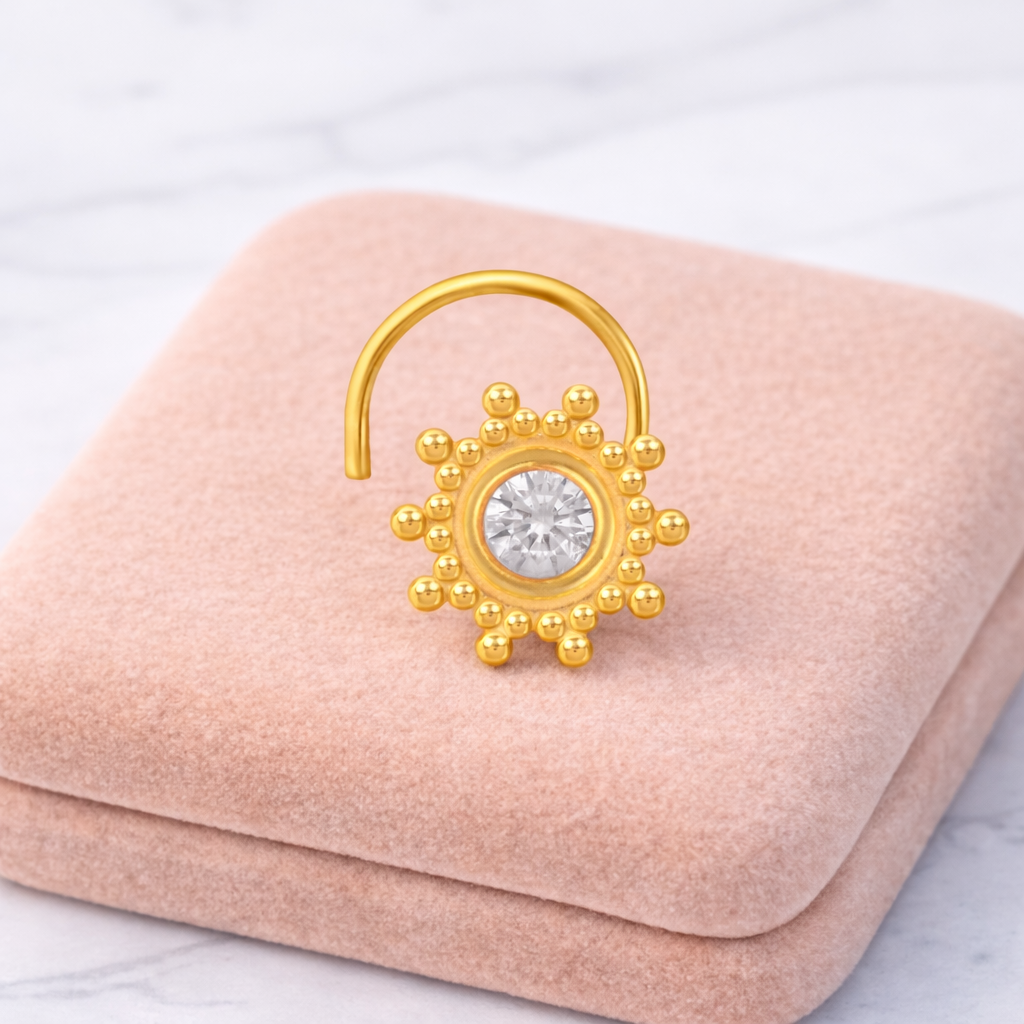 Multi Stone Sunburst Floral Design Nose Pin - Gold Plated 925 Silver