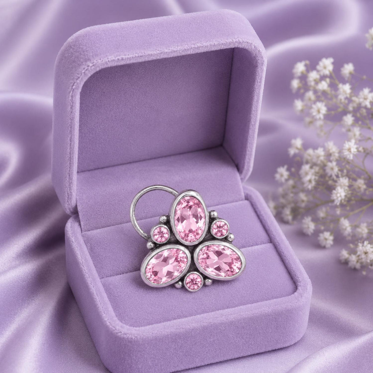 Pink Trio Gemstone Nose Pin – Sterling Silver