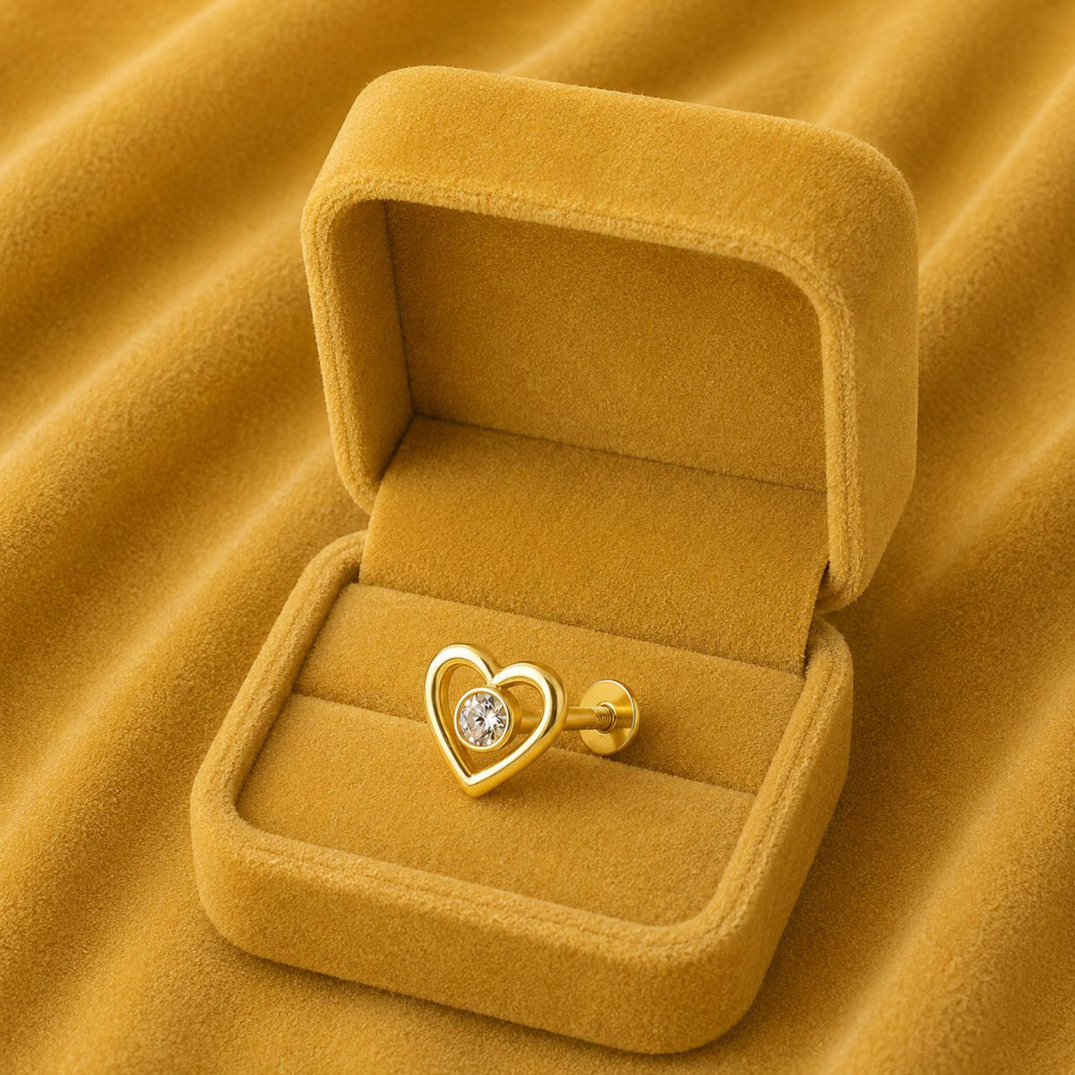 White CZ Center Heart Shape Nose Pin - Sterling Silver Gold-Plated