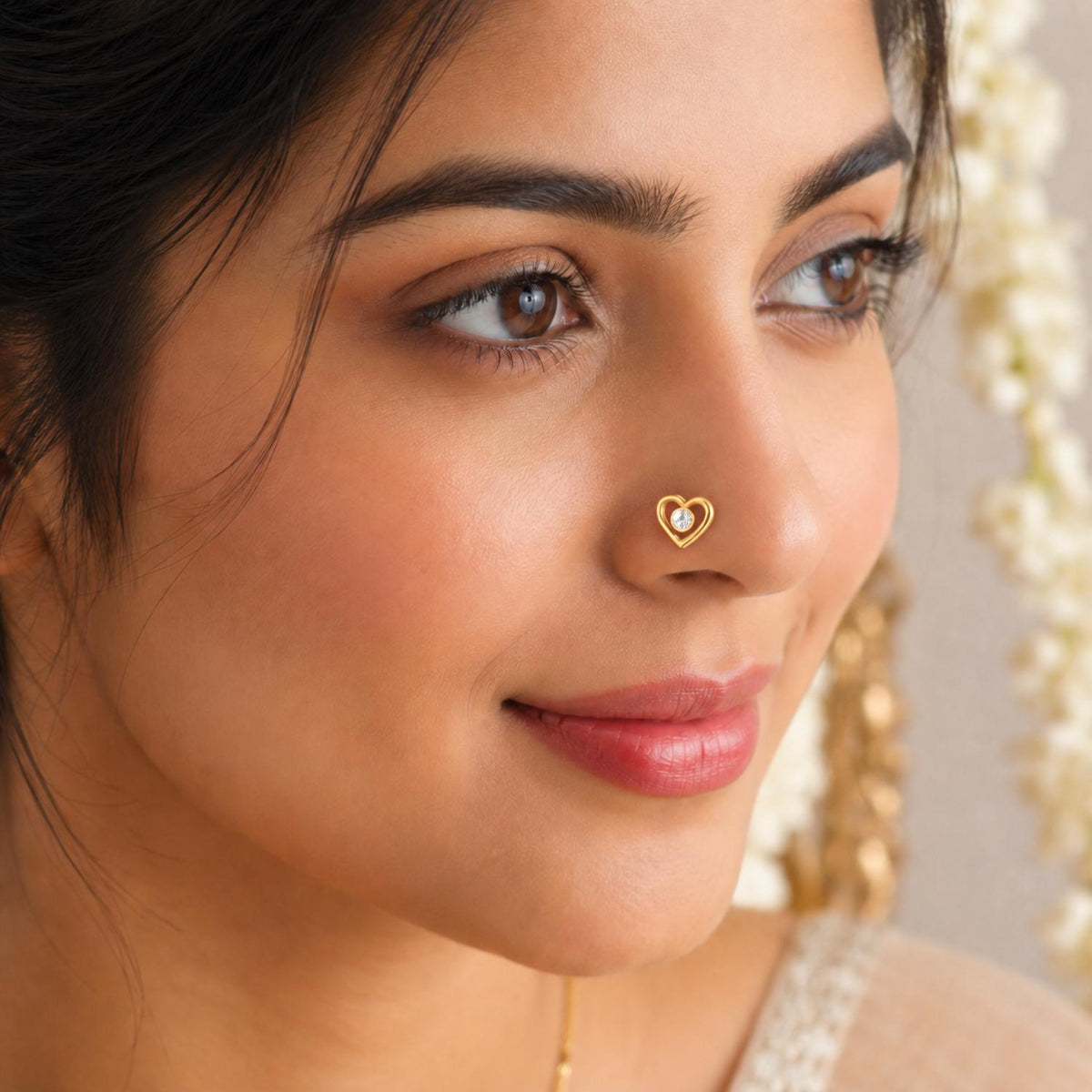 White CZ Center Heart Shape Nose Pin - Sterling Silver Gold-Plated