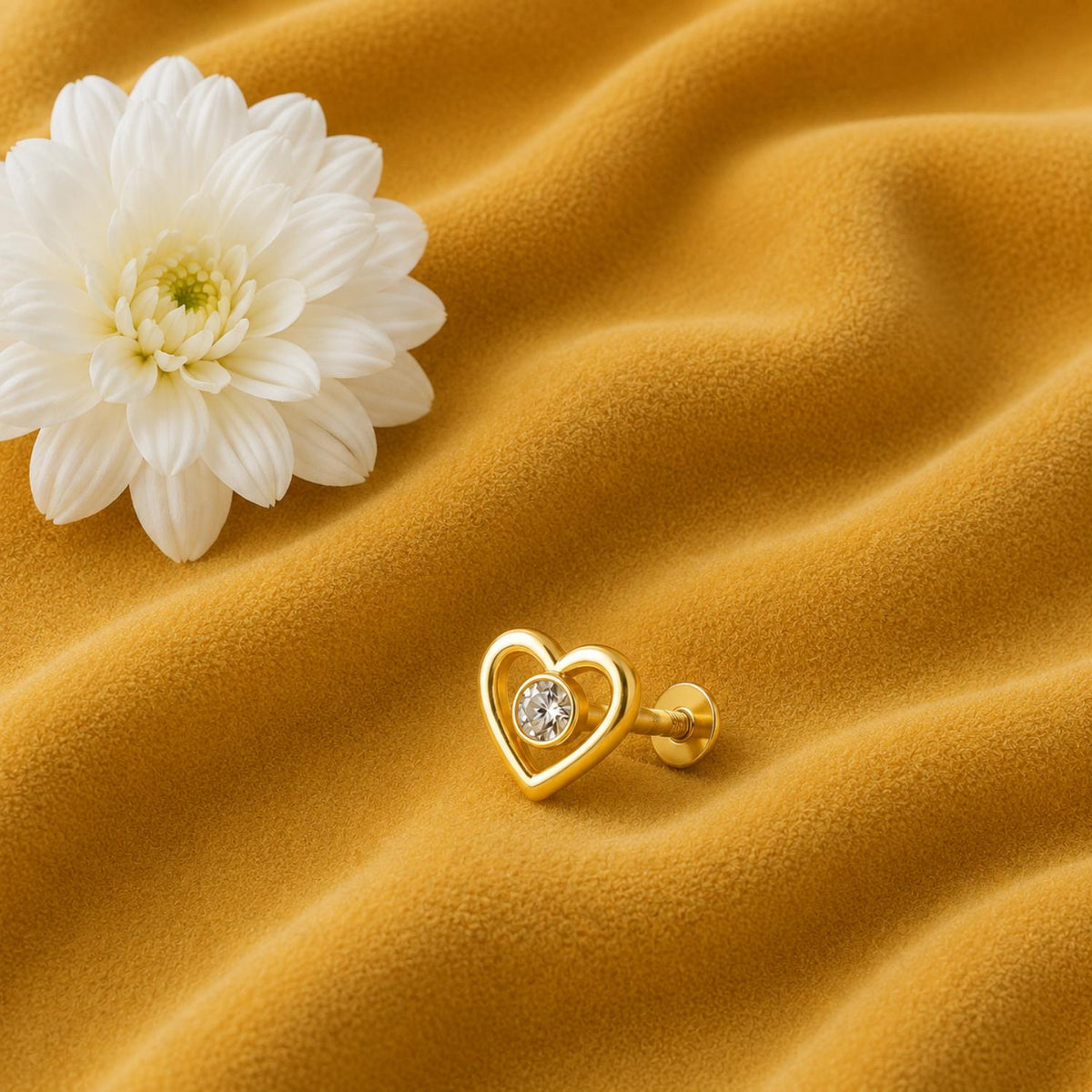 White CZ Center Heart Shape Nose Pin - Sterling Silver Gold-Plated