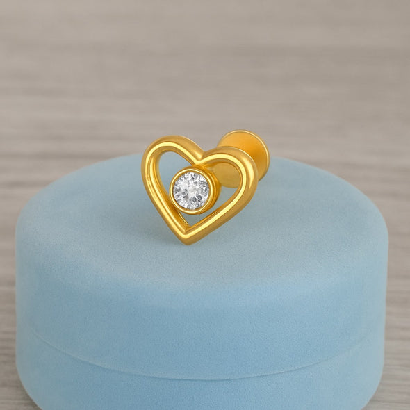 White CZ Center Heart Shape Nose Pin - Sterling Silver Gold-Plated