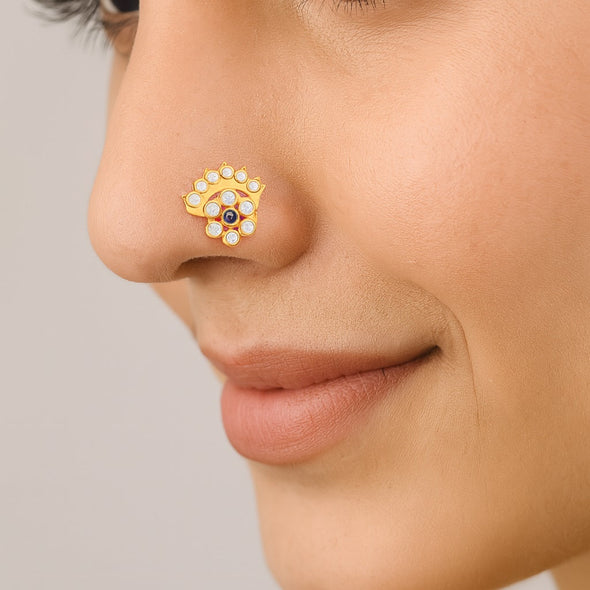 Blue Sapphire & White CZ Floral Crown Motif Nose - Sterling Silver Gols Plated