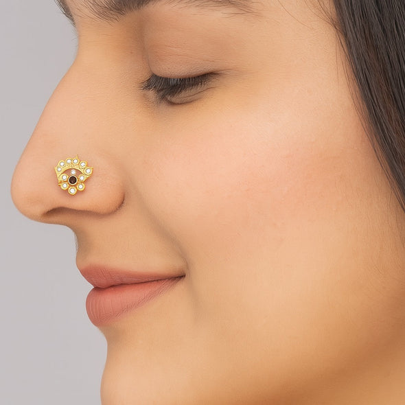 White & Black CZ Floral Crown Motif Nose Pin - Sterling Silver Gols Plated