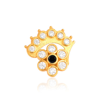 White & Black CZ Floral Crown Motif Nose Pin - Sterling Silver Gols Plated