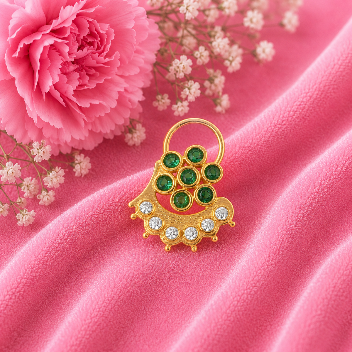 Green & White CZ Floral Arc Motif Nose Pin - Sterling Silver Gold Plated