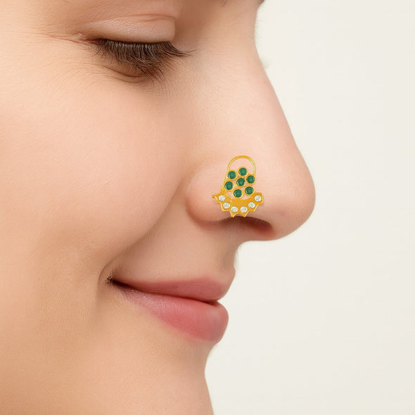 Green & White CZ Floral Arc Motif Nose Pin - Sterling Silver Gold Plated