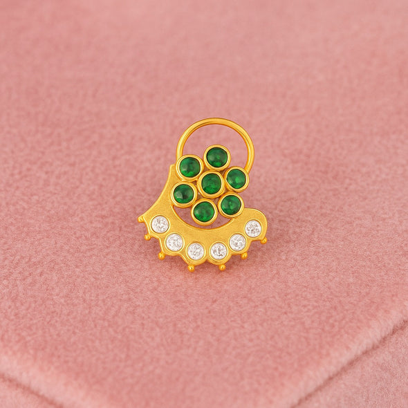 Green & White CZ Floral Arc Motif Nose Pin - Sterling Silver Gold Plated