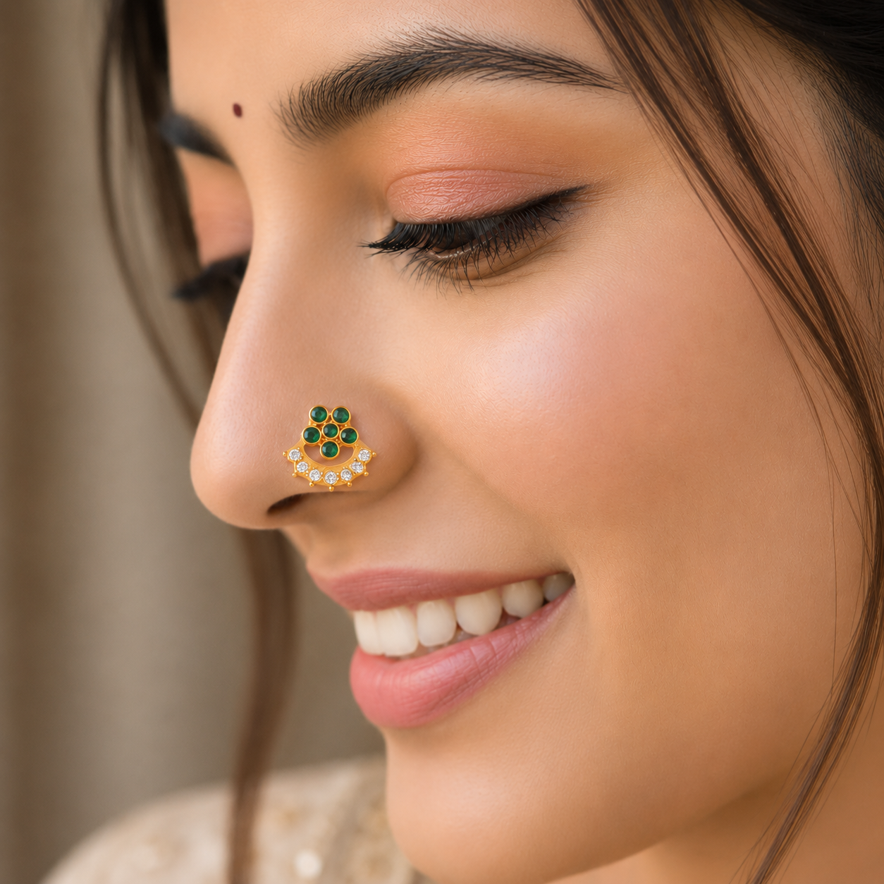 Green & White CZ Floral Arc Motif Nose Pin - Sterling Silver Gold Plated