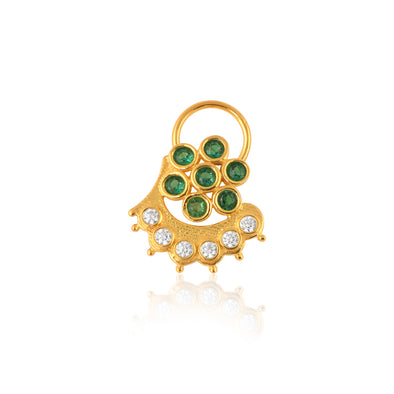 Green & White CZ Floral Arc Motif Nose Pin - Sterling Silver Gold Plated