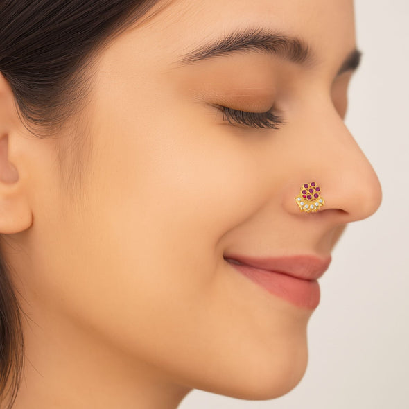 Ruby Pink & White CZ Floral Arc Motif Nose Pin - Sterling Silver Gold Plated