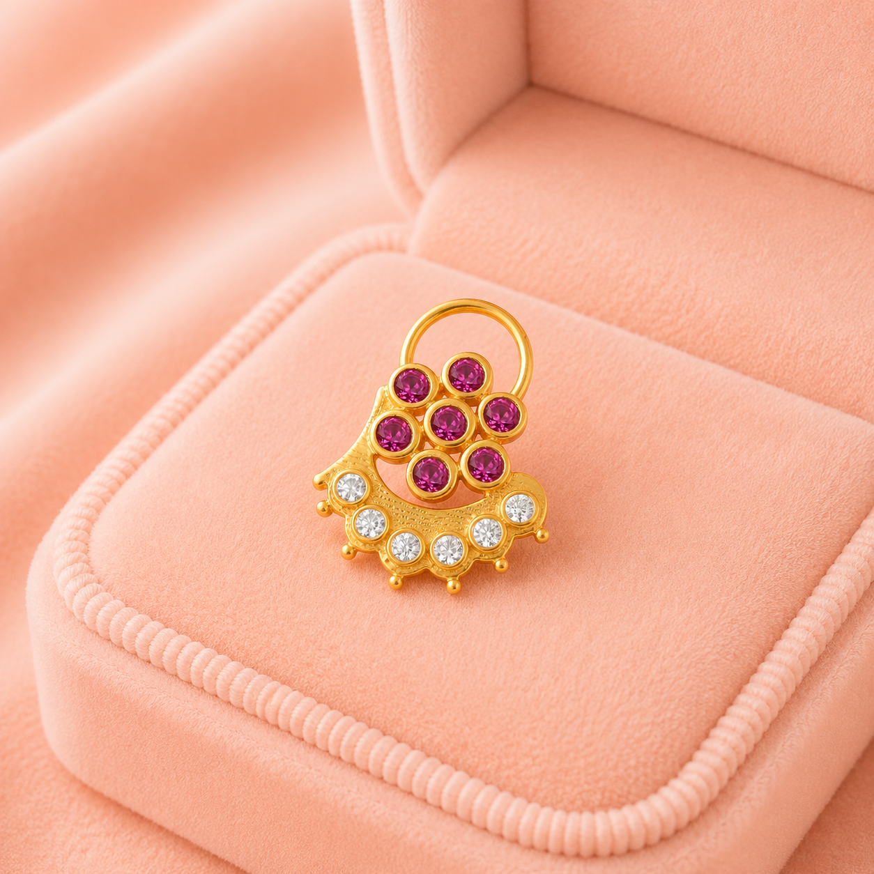 Ruby Pink & White CZ Floral Arc Motif Nose Pin - Sterling Silver Gold Plated