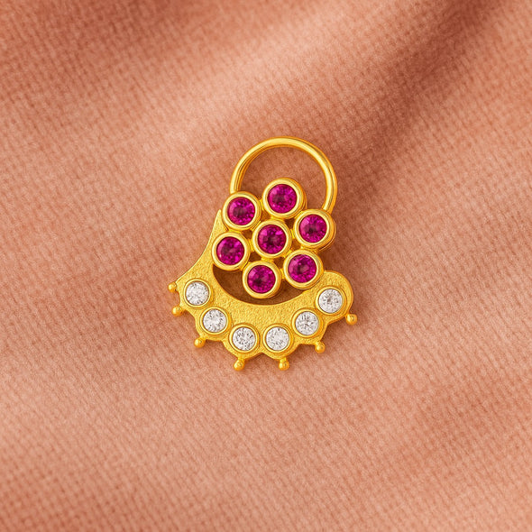 Ruby Pink & White CZ Floral Arc Motif Nose Pin - Sterling Silver Gold Plated