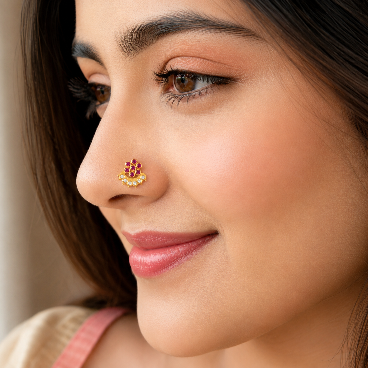Ruby Pink & White CZ Floral Arc Motif Nose Pin - Sterling Silver Gold Plated