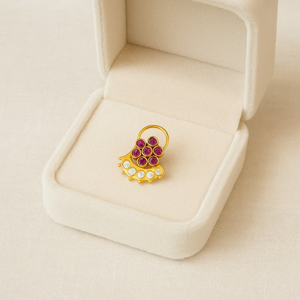 Ruby Pink & White CZ Floral Arc Motif Nose Pin - Sterling Silver Gold Plated