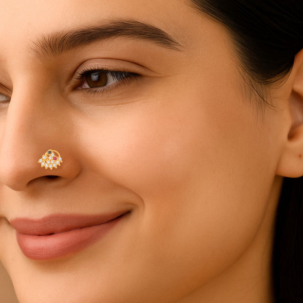 Multicolor CZ in Floral Net Motif Cluster Nose Pin - Sterling Silver Gold Plated